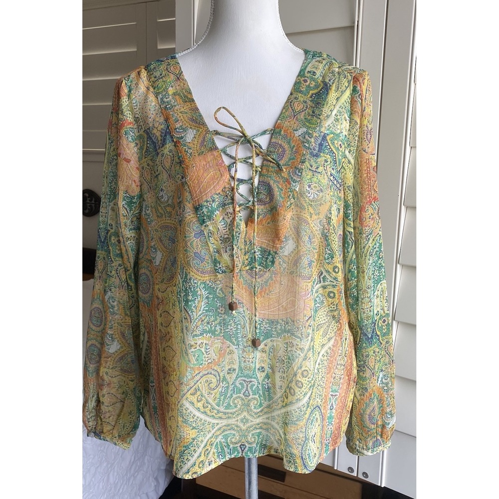 Zara Women L Paisley‎ Metlic Gold Boho Peasant Chiffon Sheer Blouse Lace Up Top